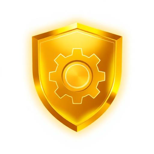 Moderna zlatna ikona zupčanika sa štitom, simbolizirajući napredne alate zaštite i kontrole